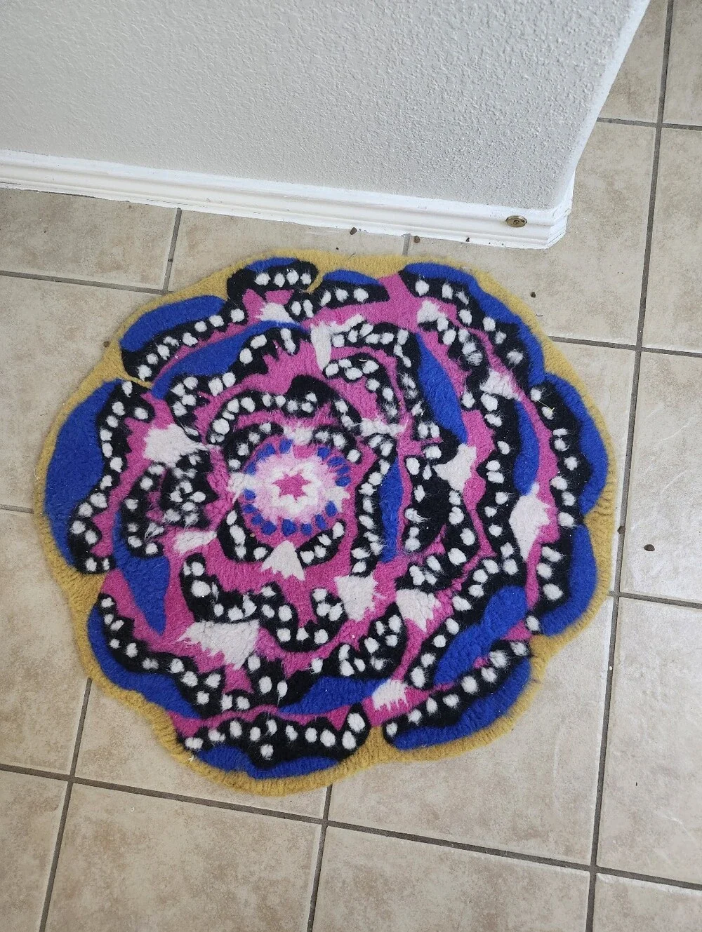 IKEA Round Floral Mini Rug – Pink, Blue, Black & Yellow